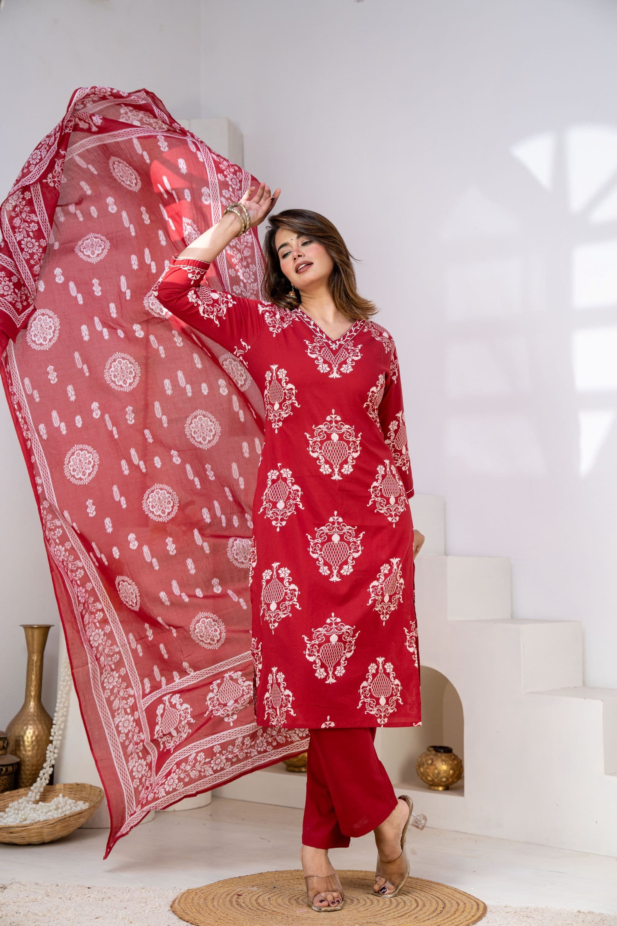 Deep red three pc set with embroidered neck
