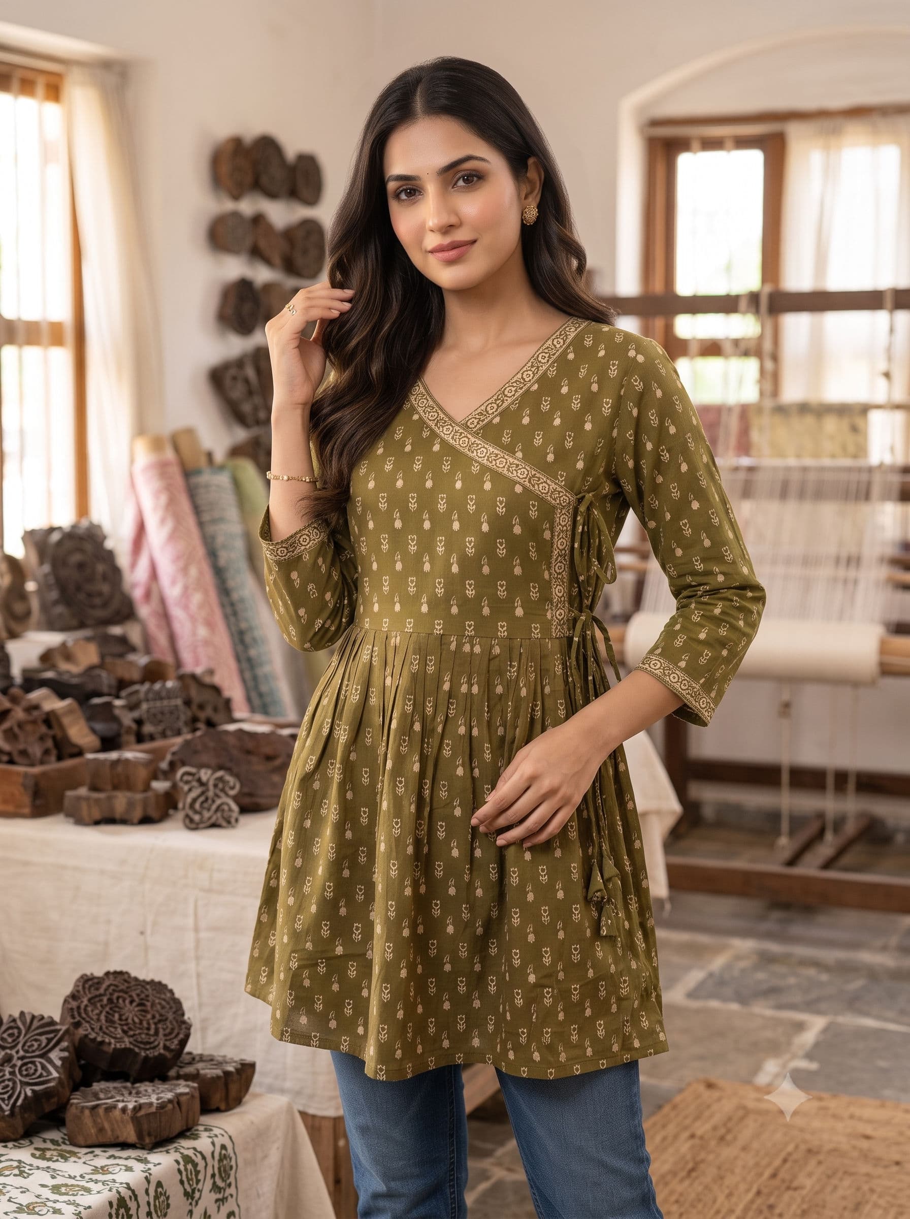 Tulip Print Short Kurti — Olive Green