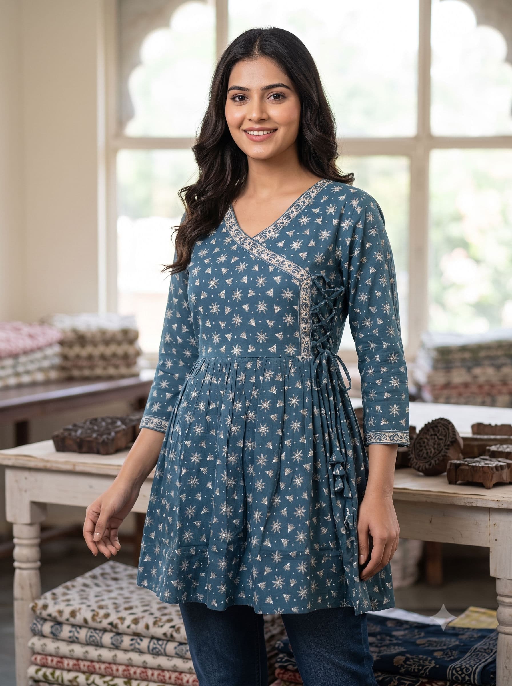 Daisy Print Shrt Kurti — Denim Blue