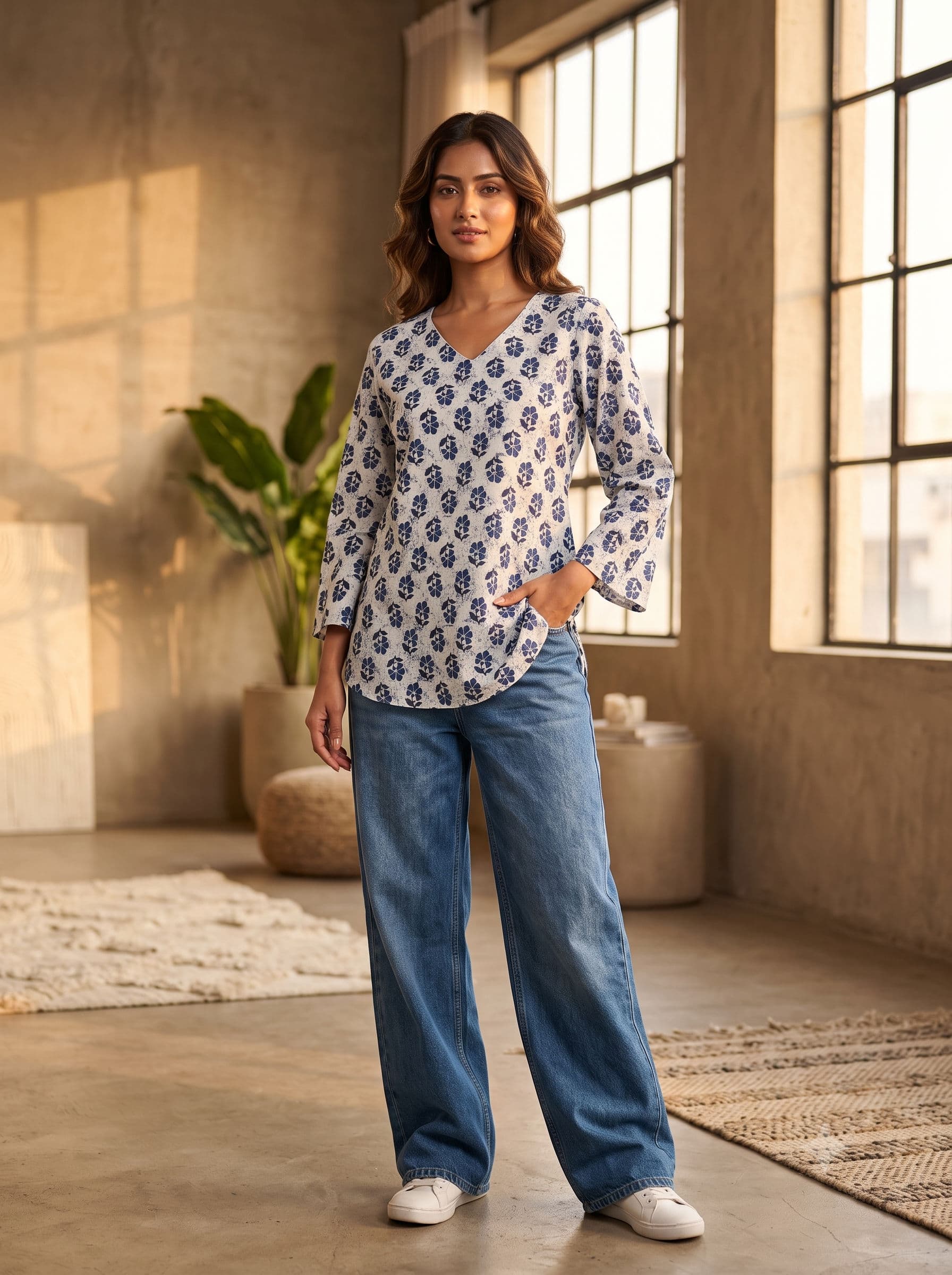Misty Indigo Floral Short Kurti — White