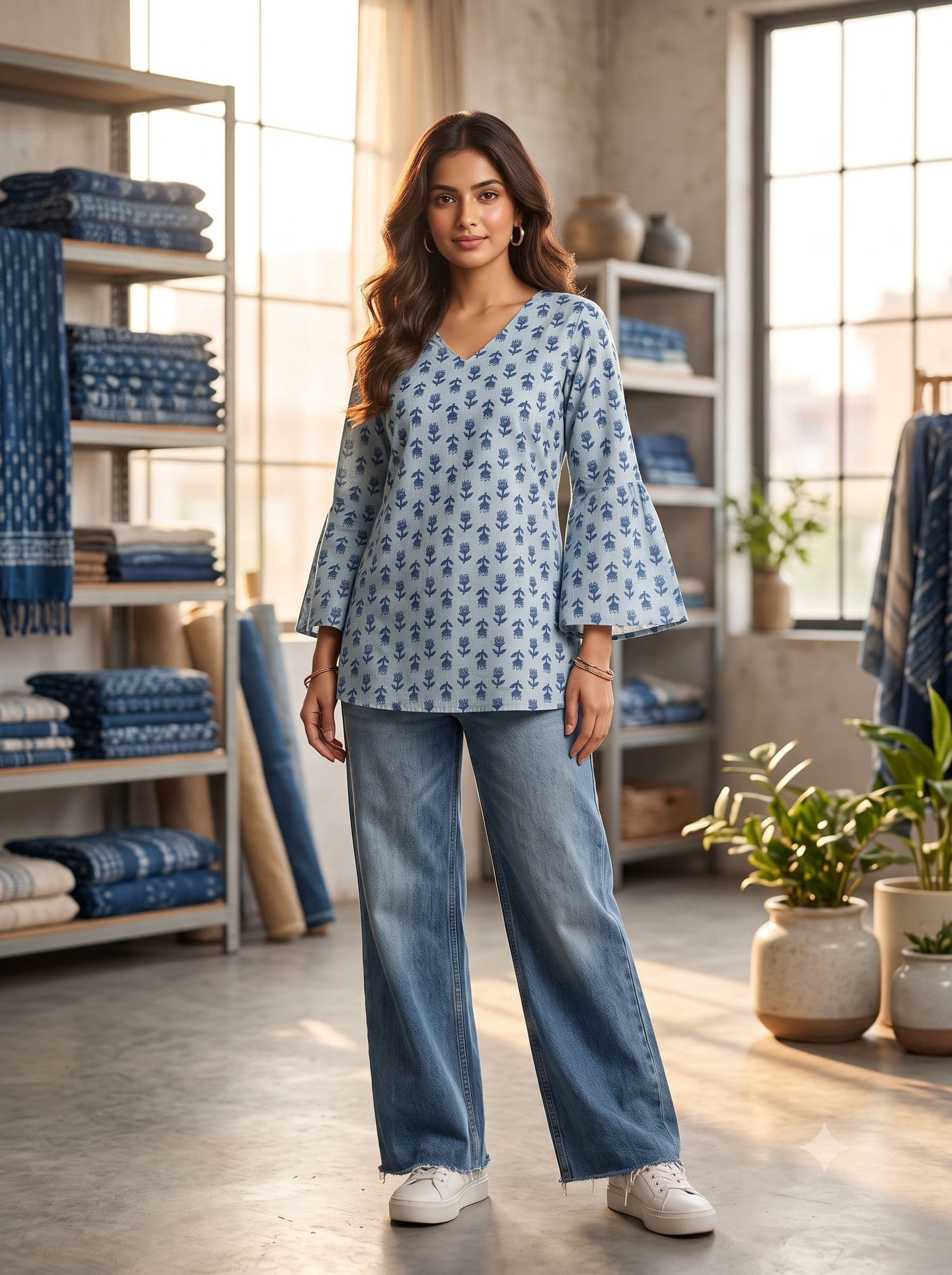 Sky Blue Rosebud Short Kurti — Sky Blue
