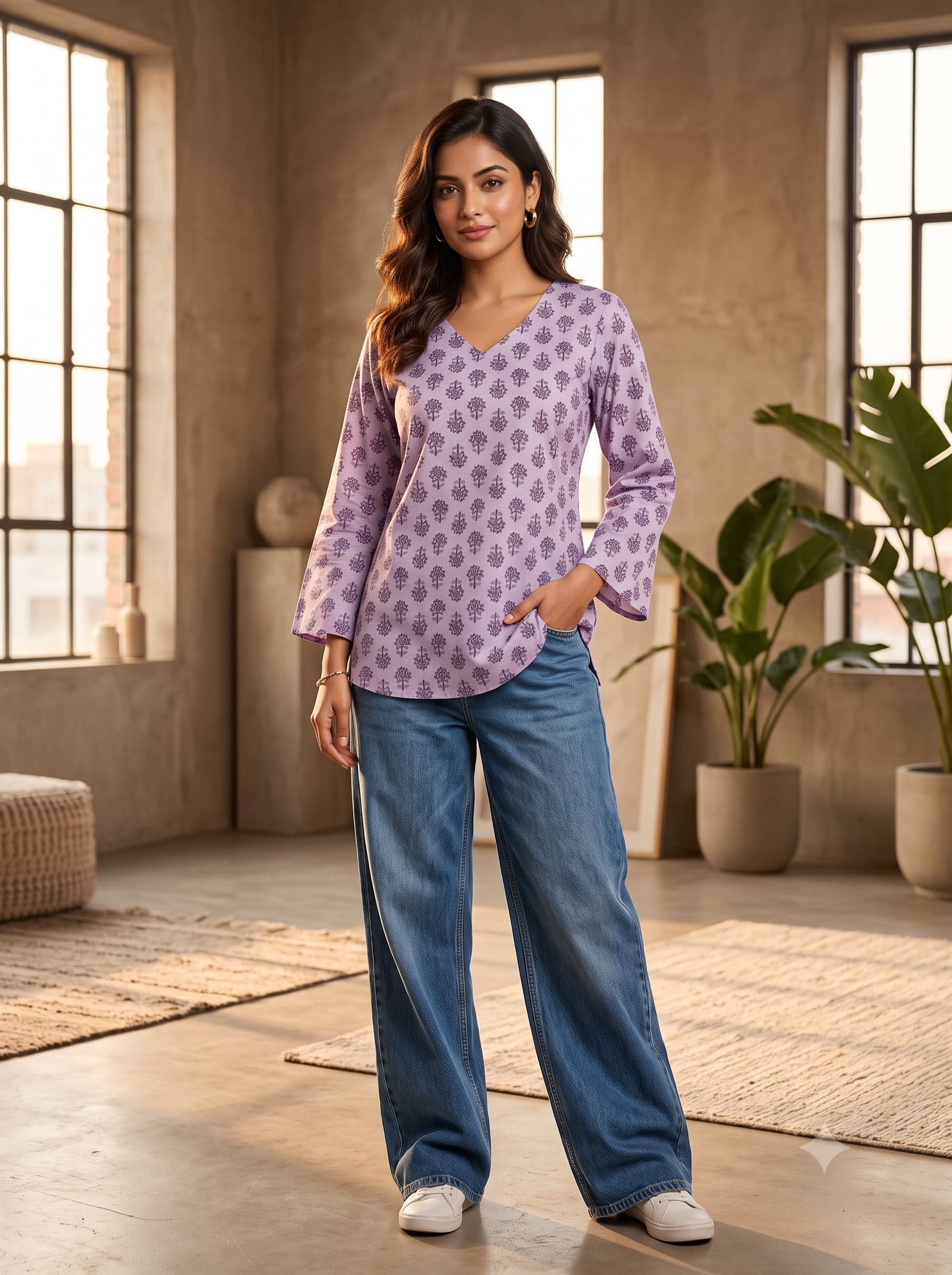 Lavender Lotus Print Short Kurti — Lavender