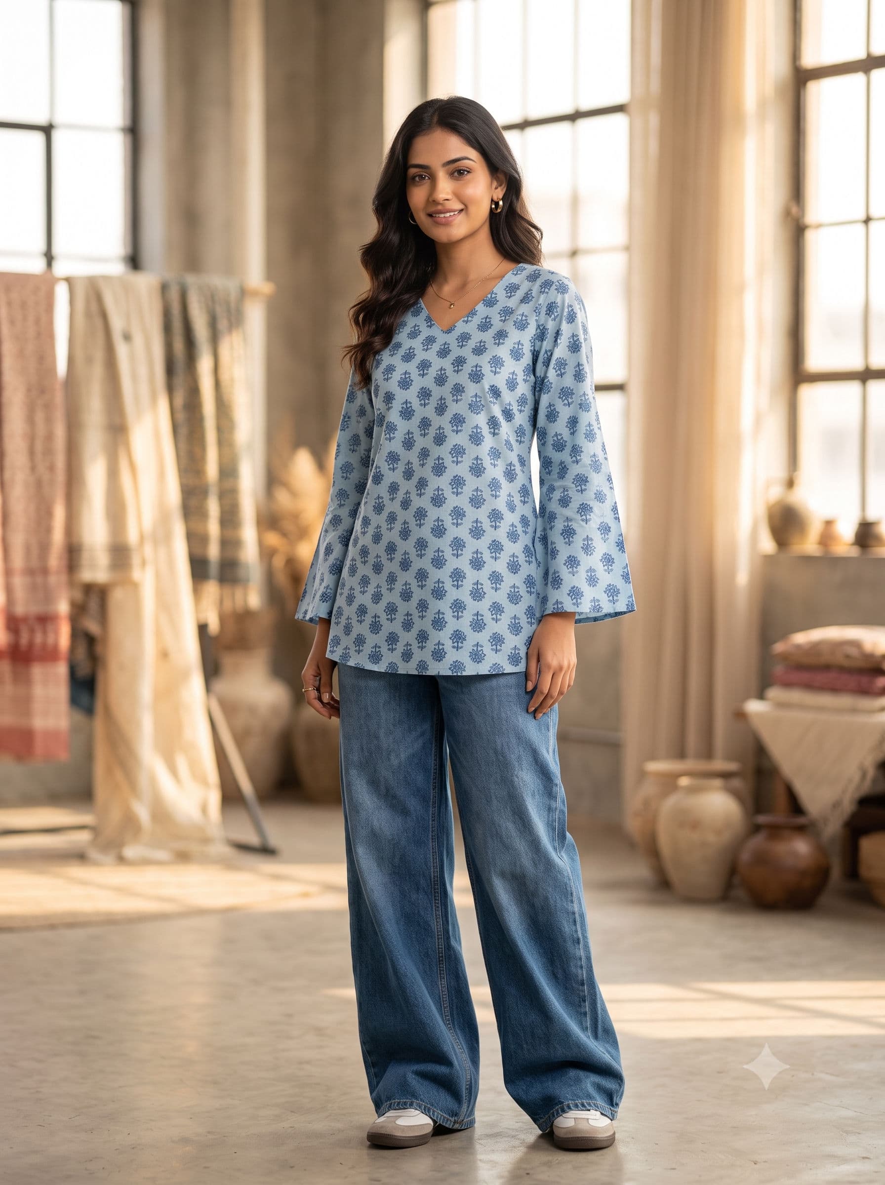 Skyblue Lotus Print Short Kurti — Sky Blue