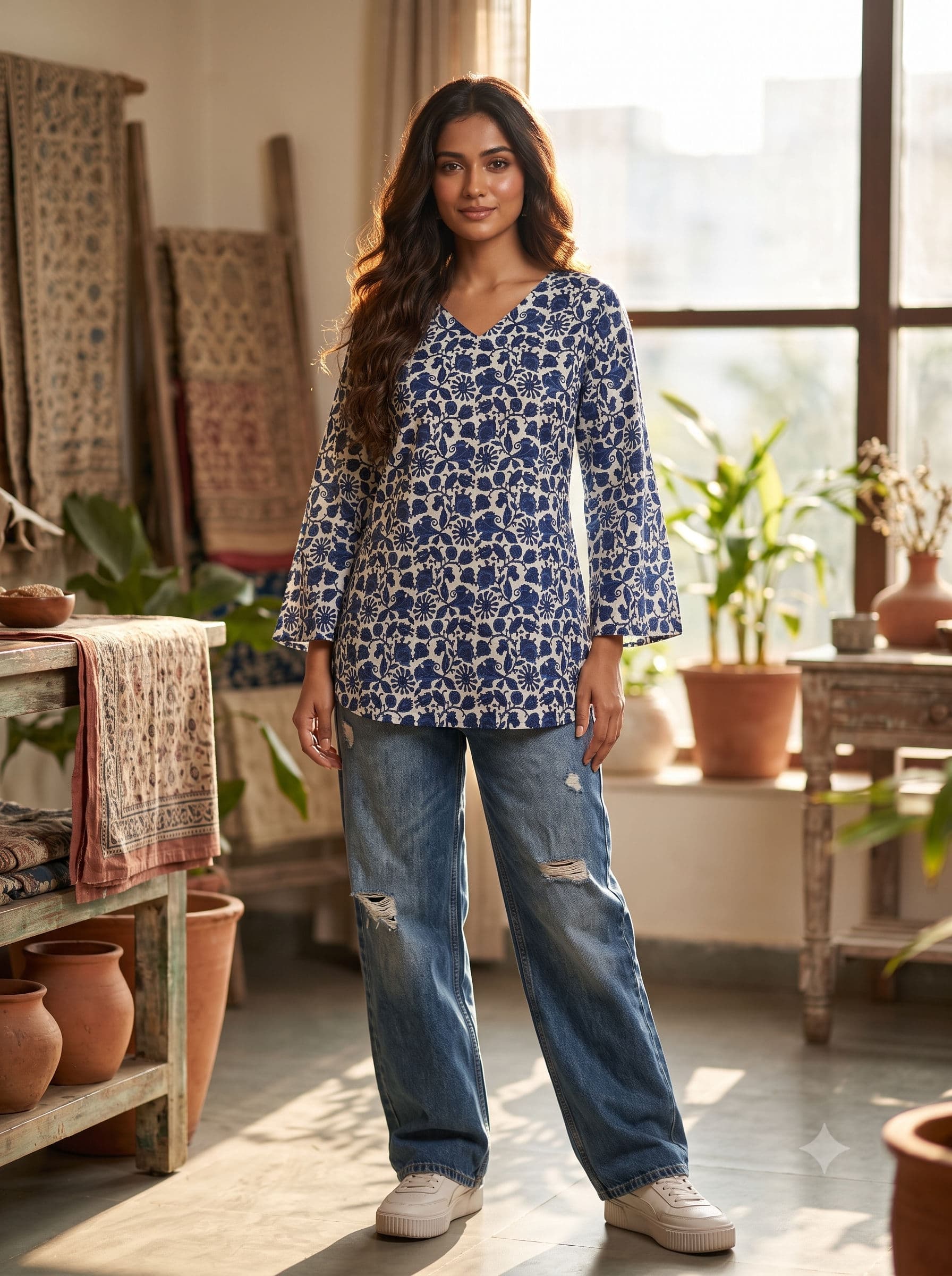 Midnight Flora Short Kurti — Indigo