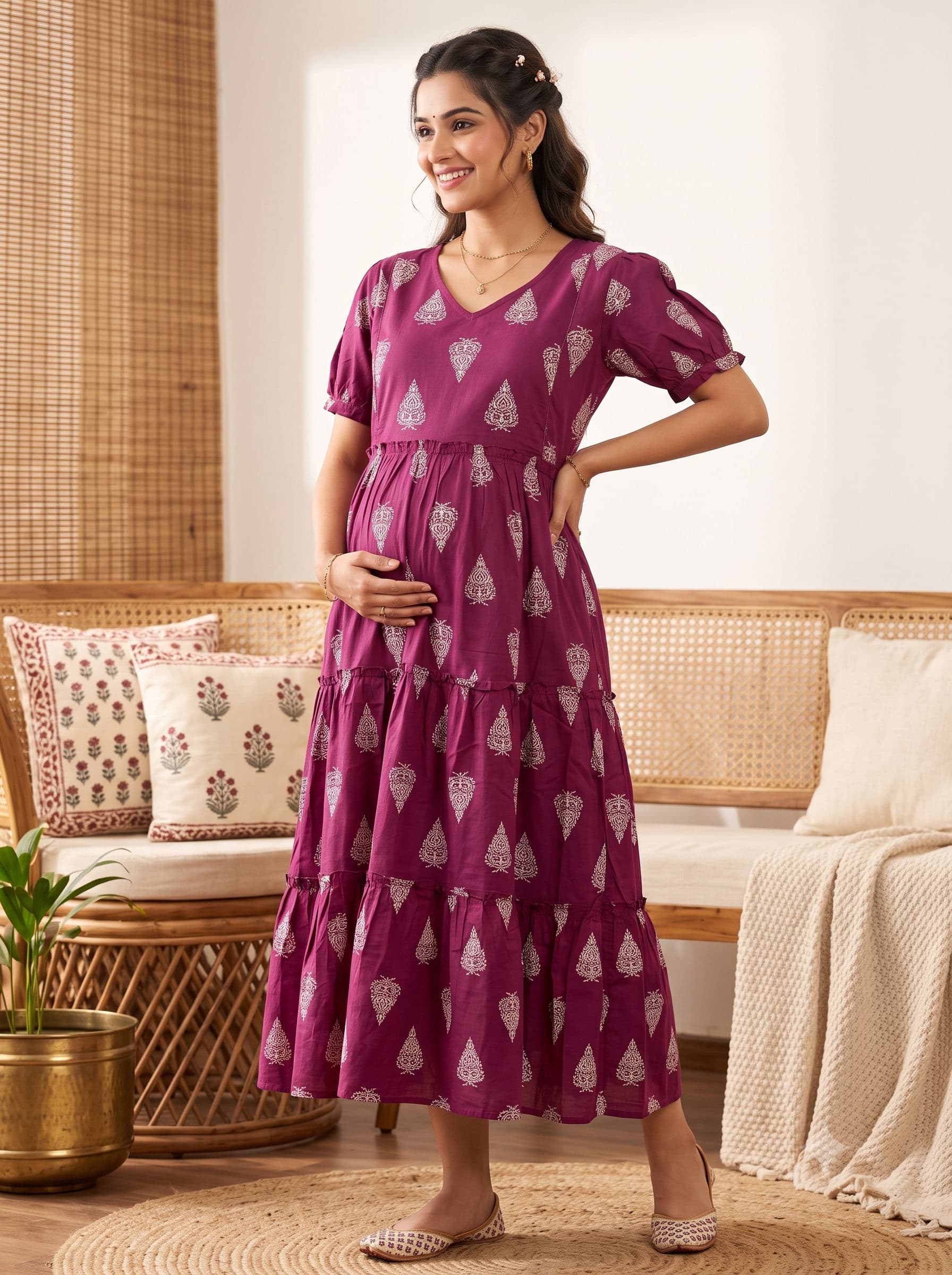 Wine Printed Maternity Kurti — Wine