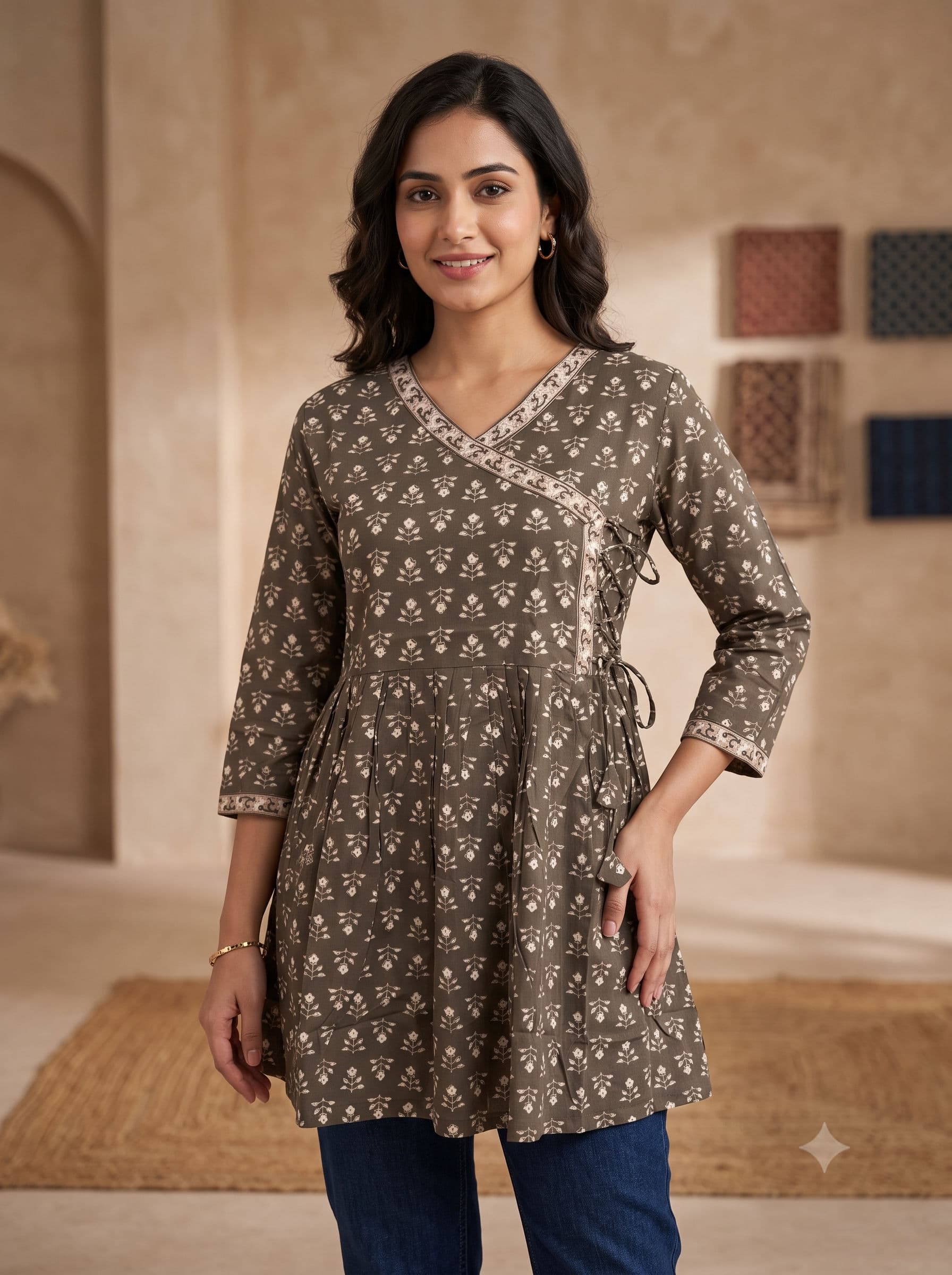 Floret Print Short Kurti — Shadow Grey