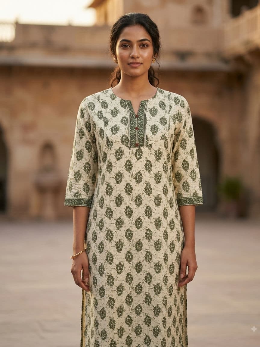 Off white based bush printed kurti — Mehandi
