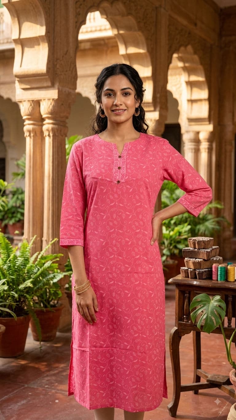 leaf printed jaipuri cotton kurti — Rosy pink