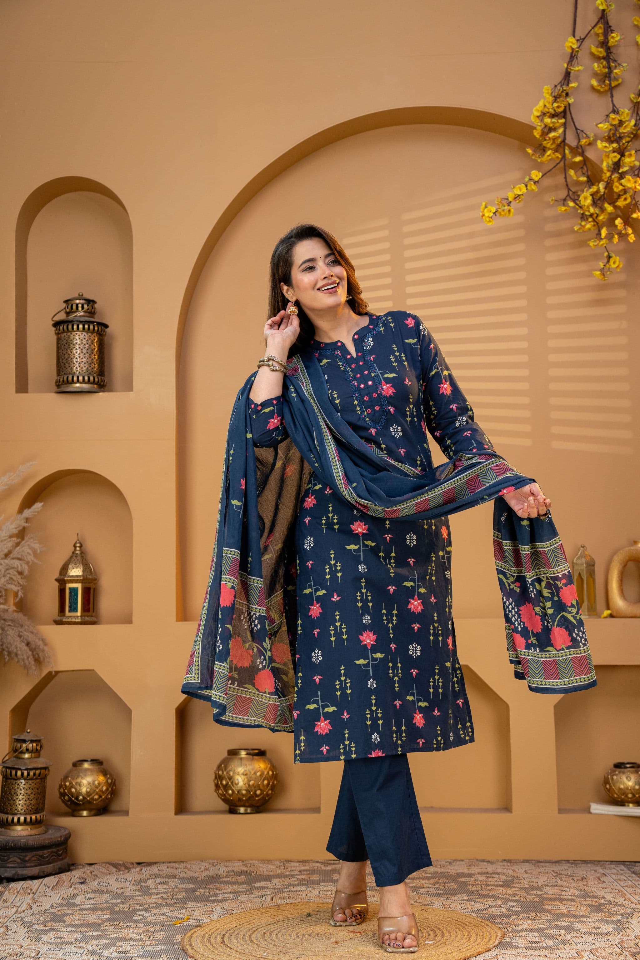 Lotus printed navy blue three piece set