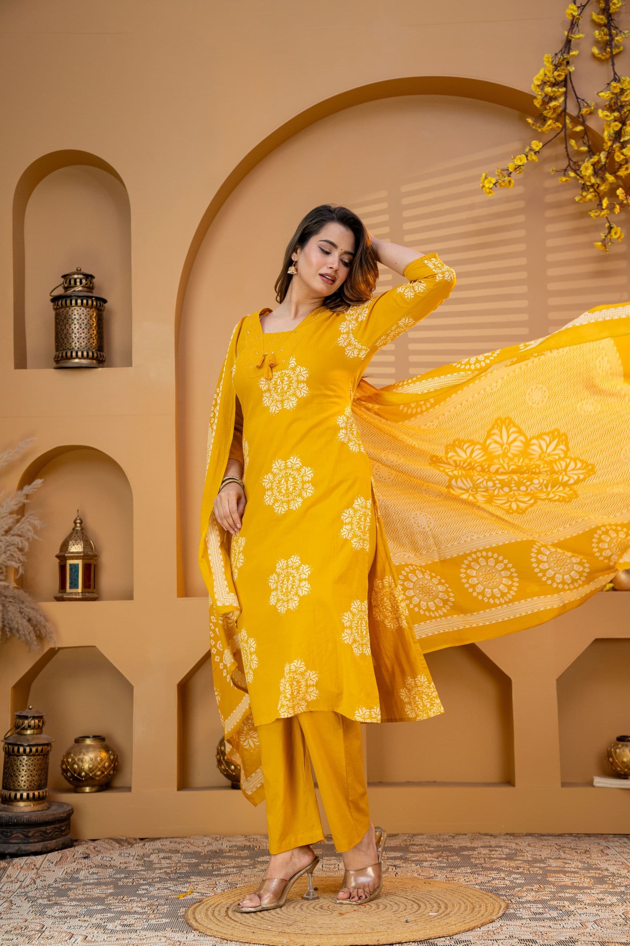 Mango color ethnic printed three pc set