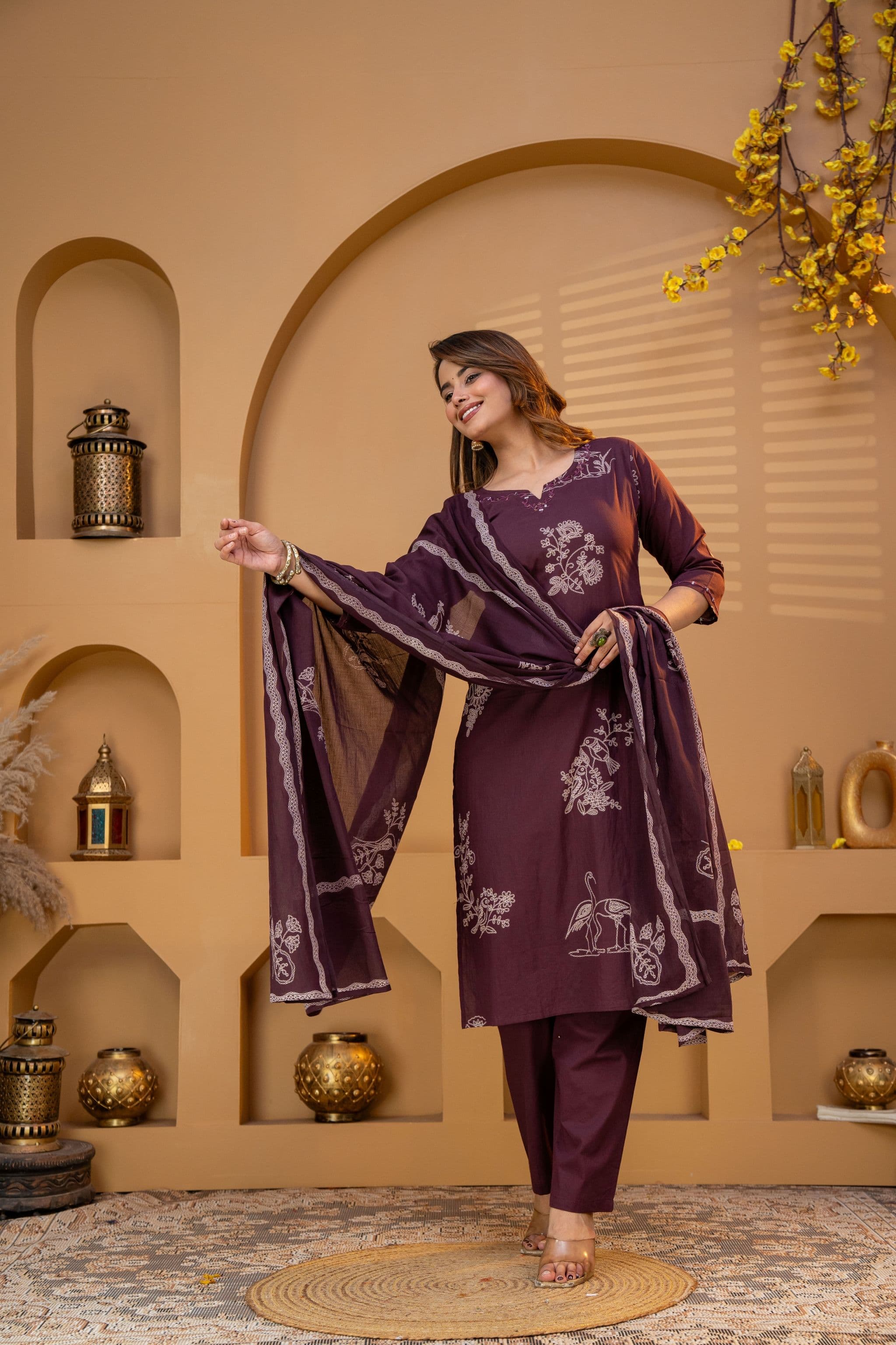 Wine Printed Three Piece Set