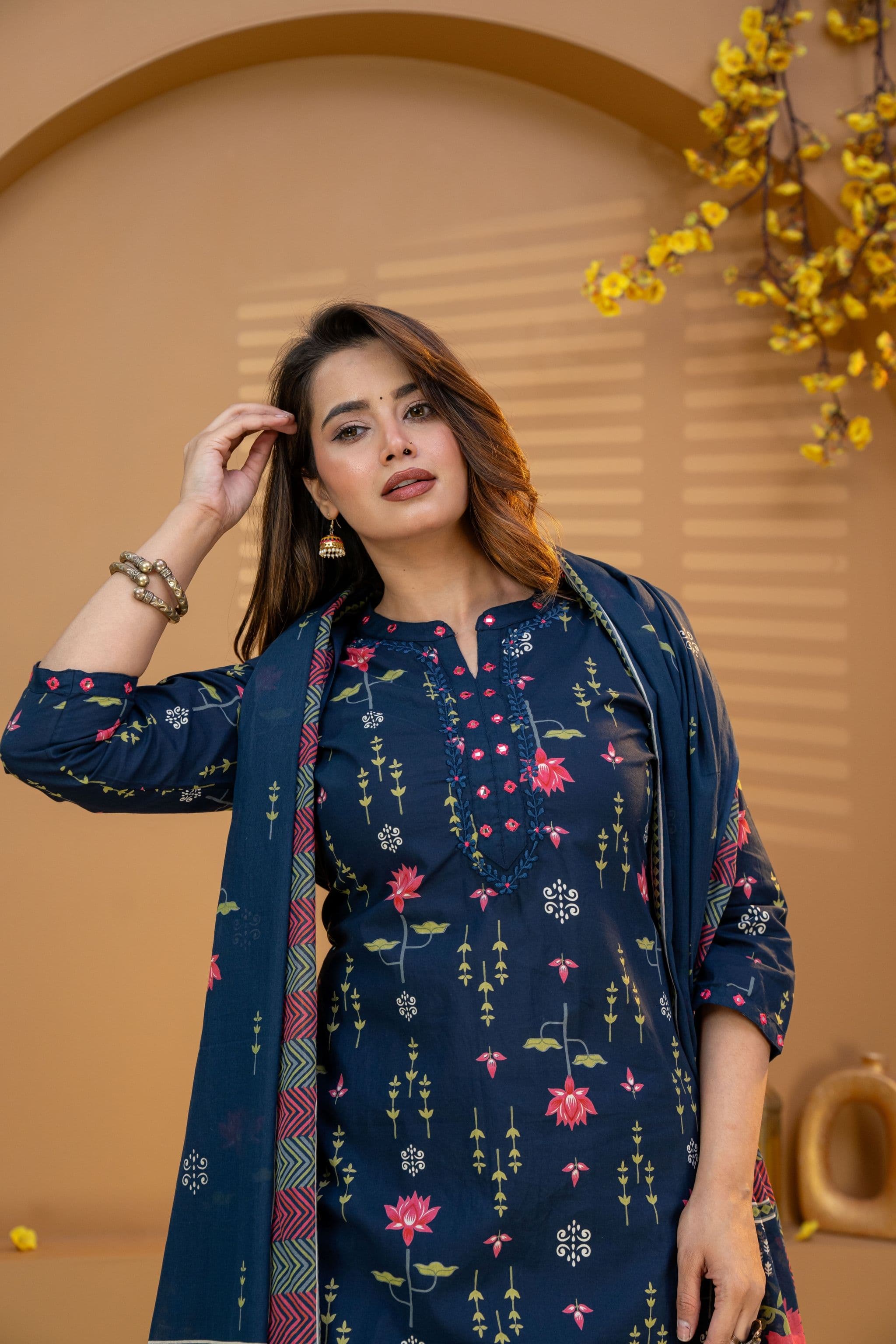 Lotus printed navy blue three piece set — Navy blue