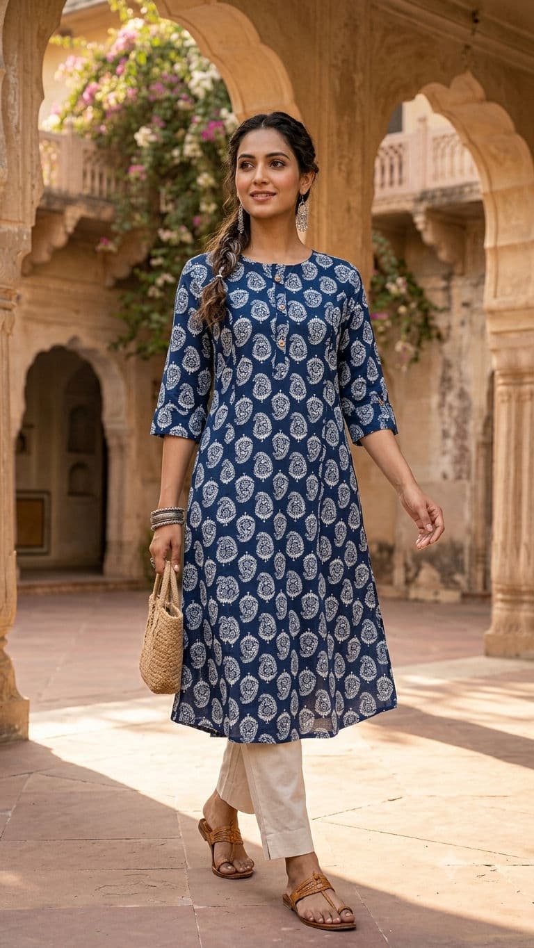 Indigo Motif Print Aline Kurti — Blue