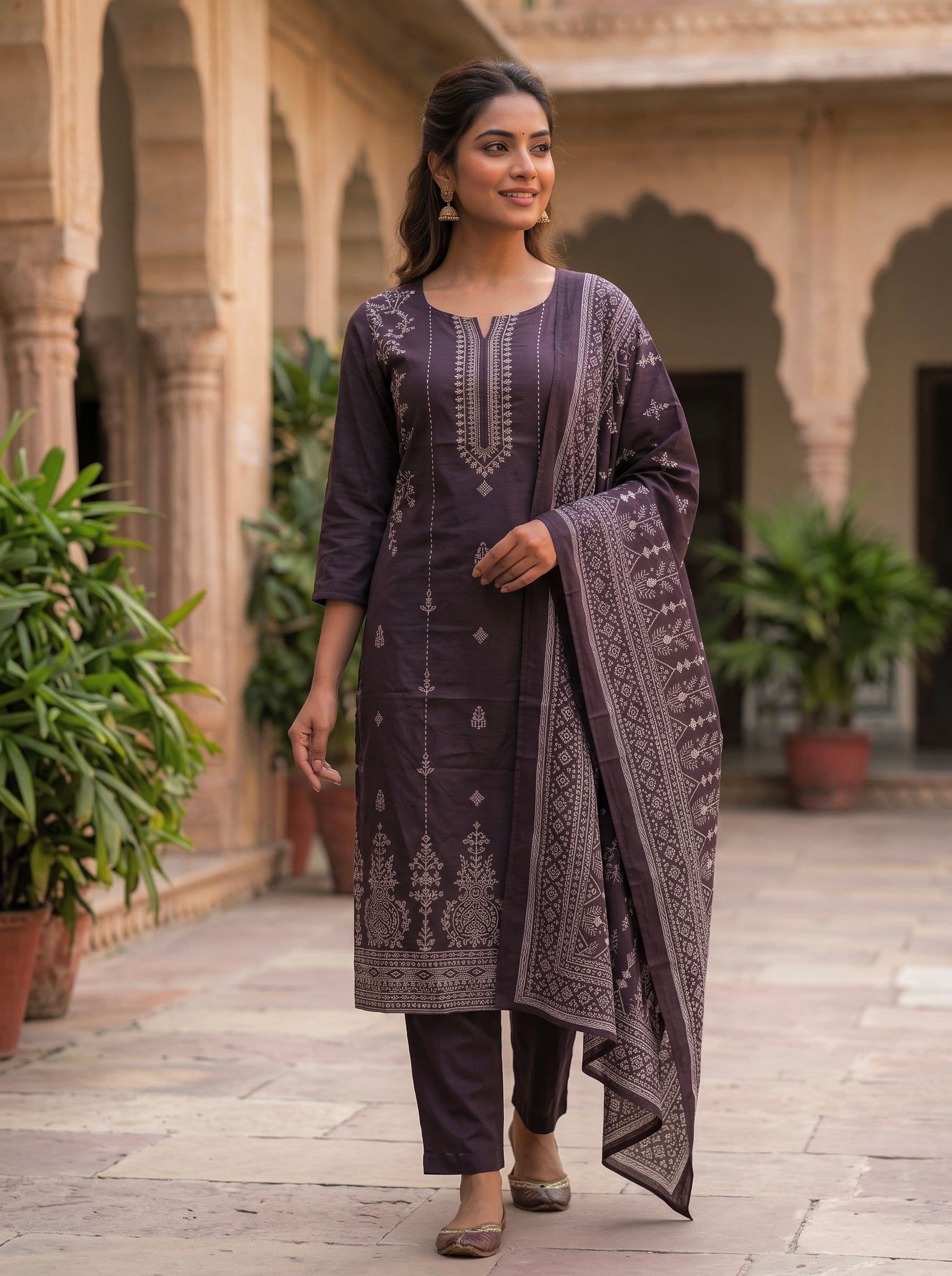 Dark Wine Printed Three Piece Set