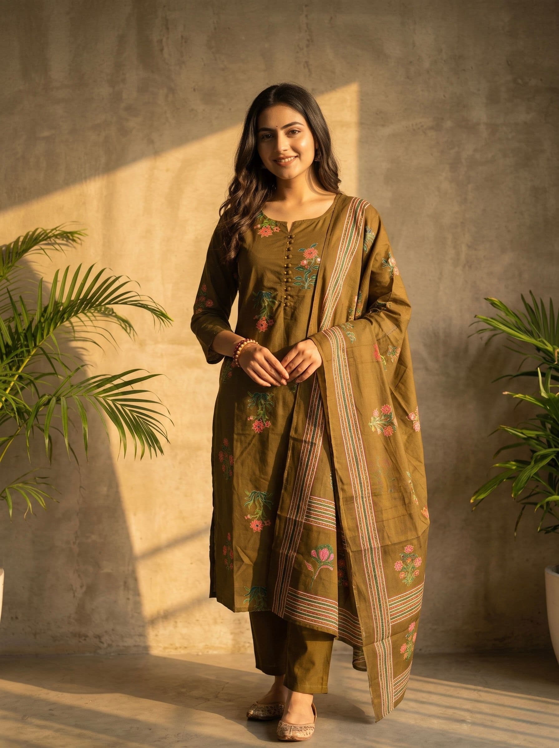 Mehandi Round Neck Three Pc Set