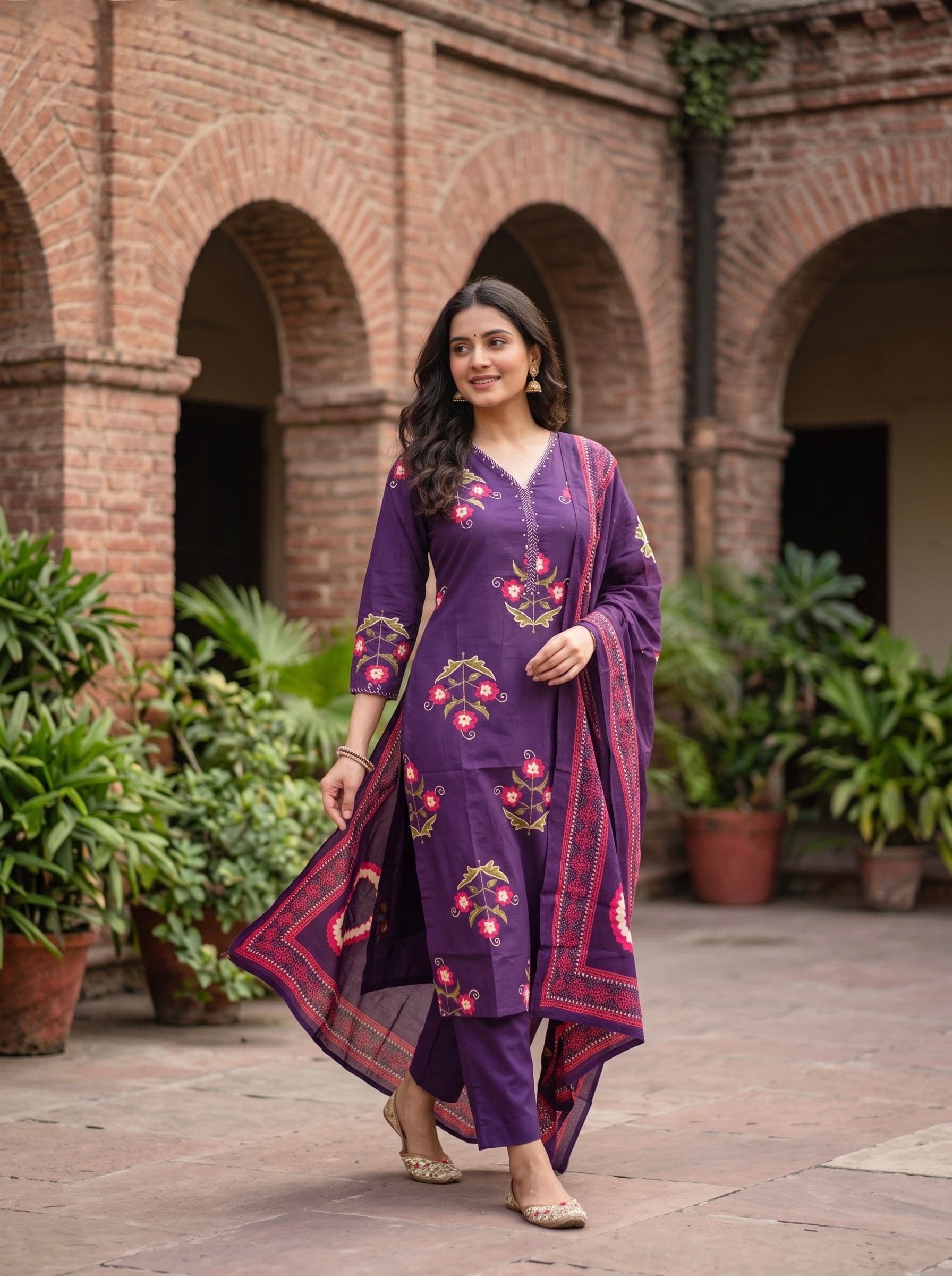 Violet Bloom Floral Kurta Set with Dupatta